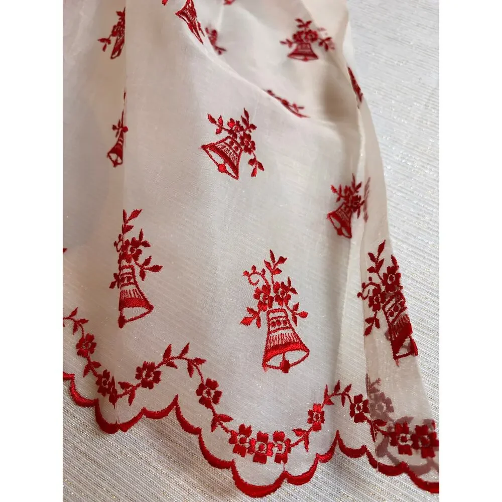 Vintage Christmas 1950s White Red Hostess Half Apron Sheer Housewife ScallopCUTE
